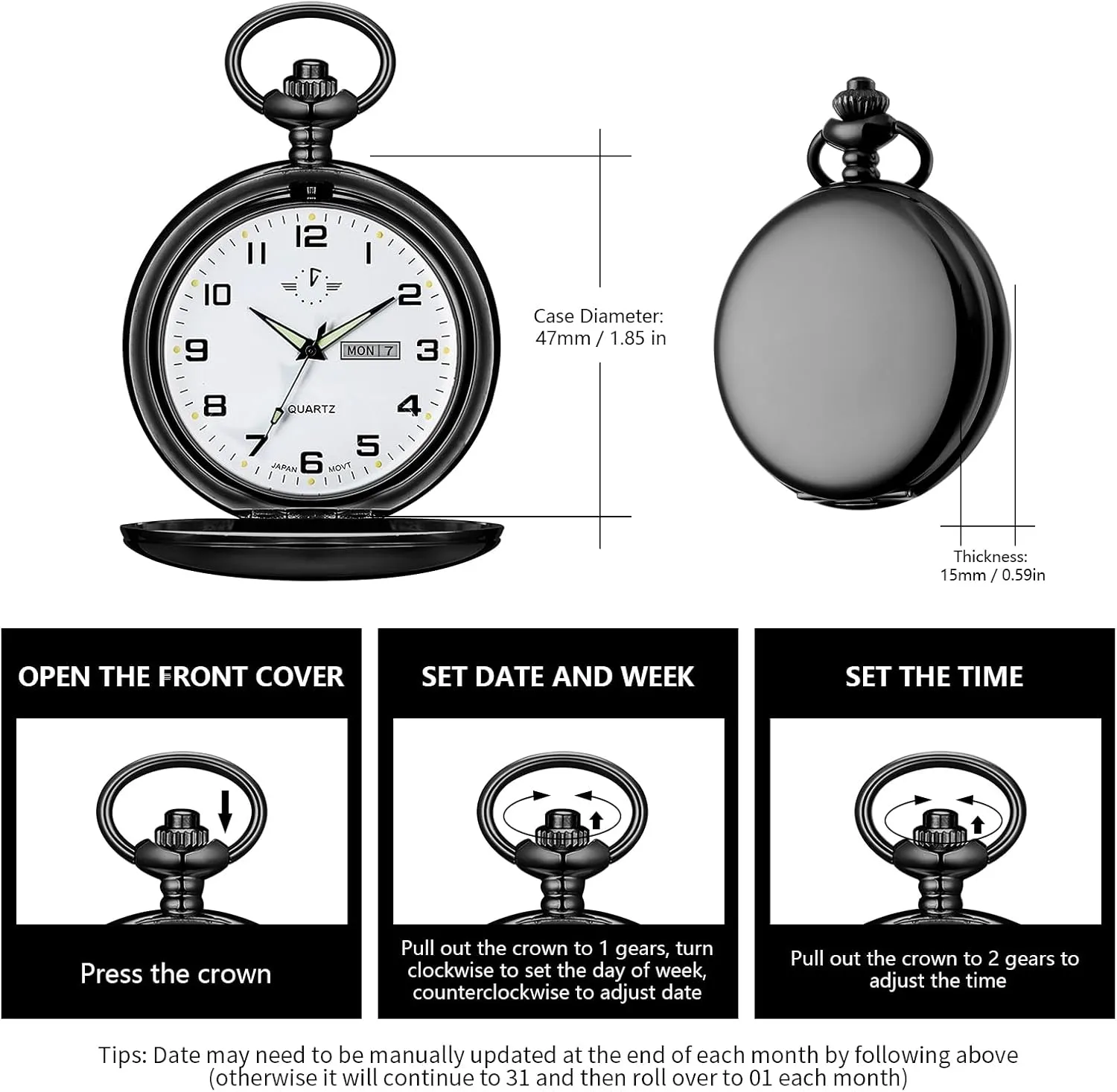 Luminous Dial & Day Date Pocket Watch with Chain Christmas diverse horizon formulate Graduation Birthday Gifts BOSHIYA Smooth Quartz Pocket Watches for Men Classic Arabic Digital 