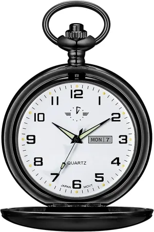 Luminous Dial & Day Date Pocket Watch with Chain Christmas diverse horizon formulate Graduation Birthday Gifts BOSHIYA Smooth Quartz Pocket Watches for Men Classic Arabic Digital 