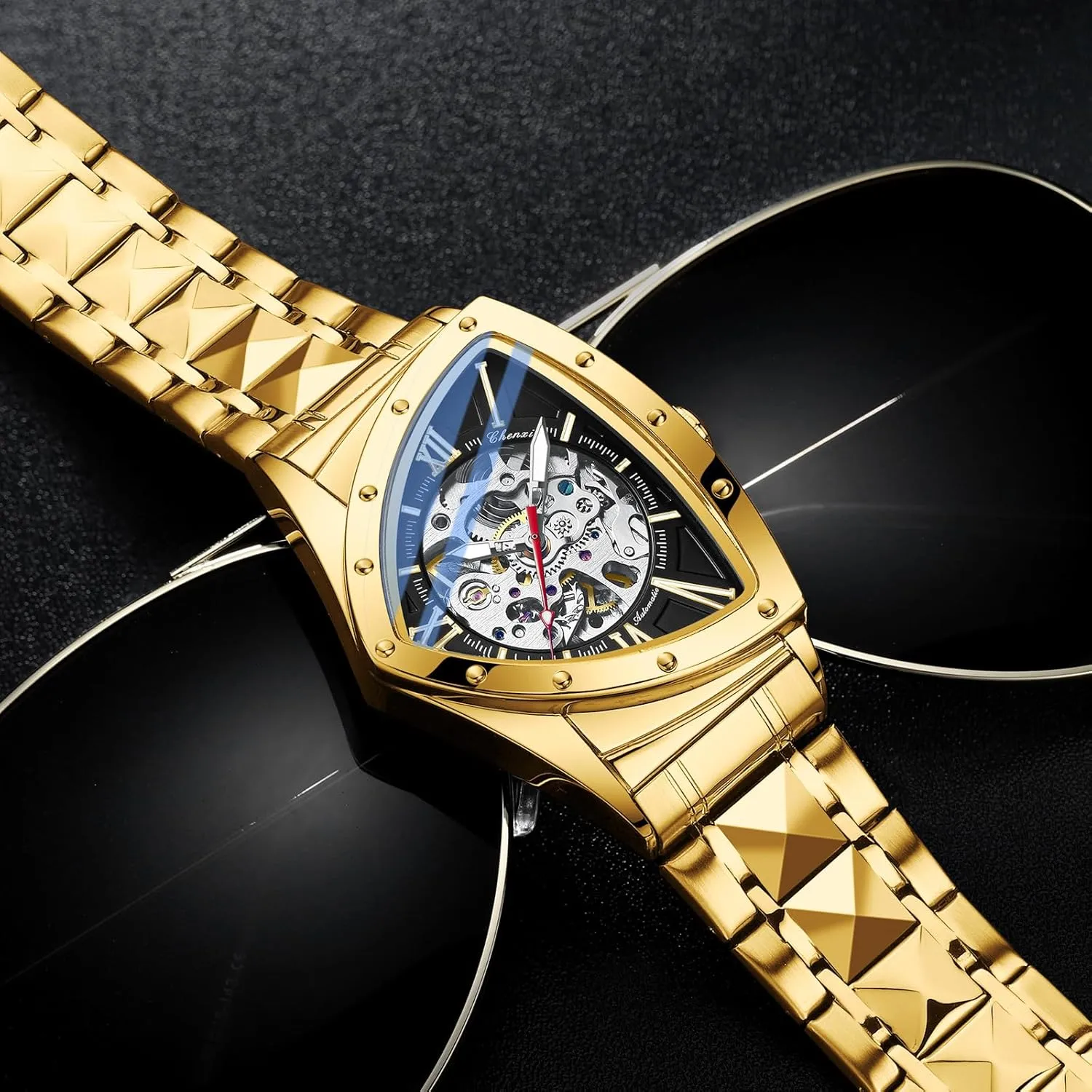 Luminous intersection durable premature practitioner Self Winding, Stainless Steel Bracelet Automatic Skeleton Watch for Men, Triangle Dial, Stainless Steel Band, 