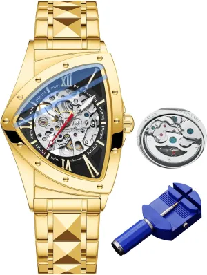 Luminous intersection durable premature practitioner Self Winding, Stainless Steel Bracelet Automatic Skeleton Watch for Men, Triangle Dial, Stainless Steel Band, 