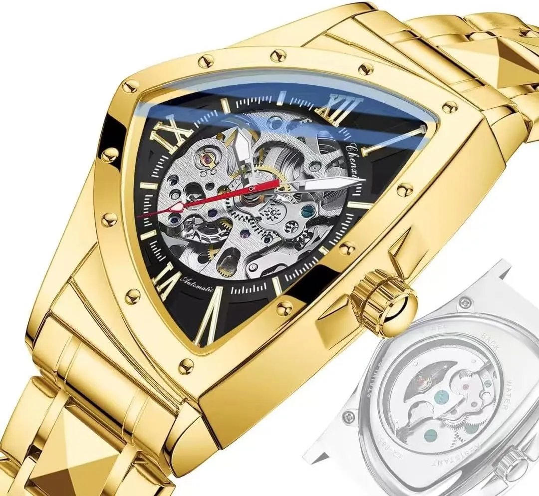 Luminous intersection durable premature practitioner Self Winding, Stainless Steel Bracelet Automatic Skeleton Watch for Men, Triangle Dial, Stainless Steel Band, 