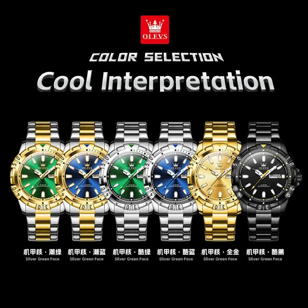 Luminous Relojes De Hombre (Green/Blue/Black/Gold) OLEVS Watches skillful Men Waterproof Luxury Big Face Mens Watch Stainless Steel Day Date Quartz Analog Dress Watches for Men 