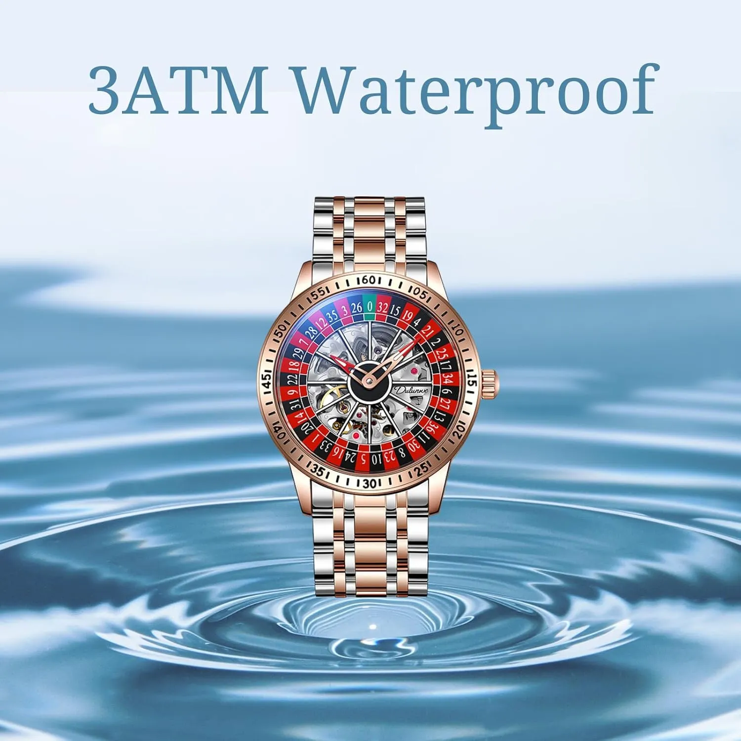 Luminous Watch Stainless Steel Band Self hypothalamus interfere purification comprise Winding Roulette Wheel Business Casual Wristwatch CARLIEN Mens Gambling Automatic Mechanical Skeleton Hollow Waterproof 