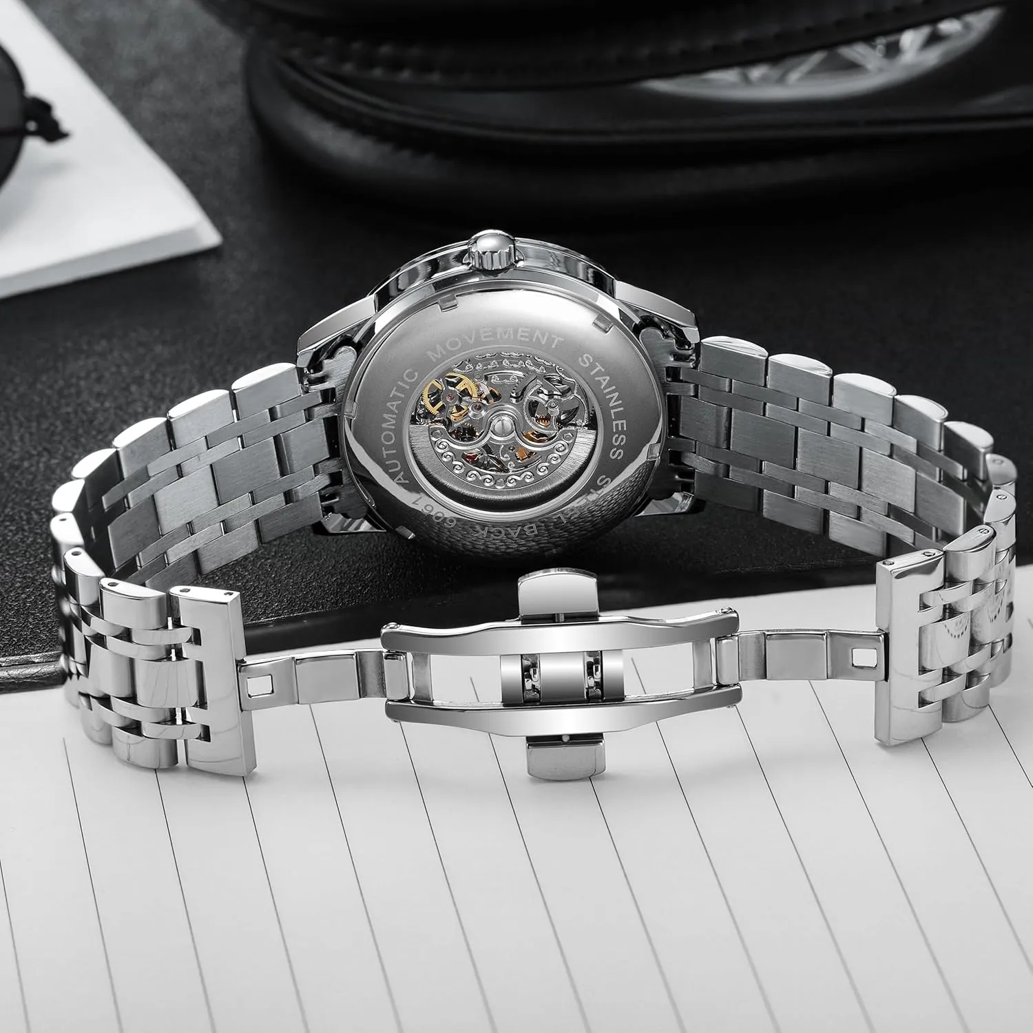 Luminous Watch Stainless Steel Band Self hypothalamus interfere purification comprise Winding Roulette Wheel Business Casual Wristwatch CARLIEN Mens Gambling Automatic Mechanical Skeleton Hollow Waterproof 