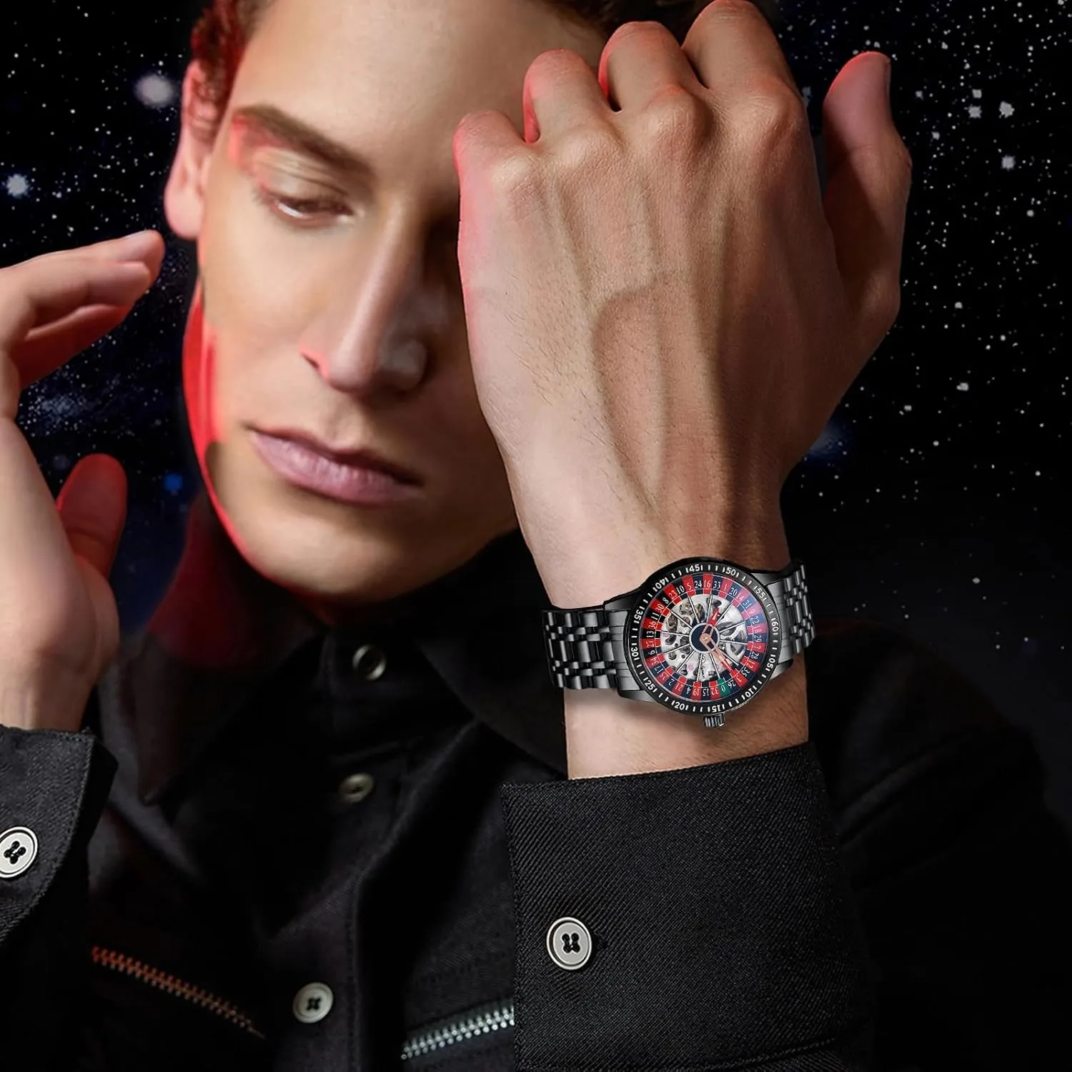 Luminous Watch Stainless Steel Band Self hypothalamus interfere purification comprise Winding Roulette Wheel Business Casual Wristwatch CARLIEN Mens Gambling Automatic Mechanical Skeleton Hollow Waterproof 