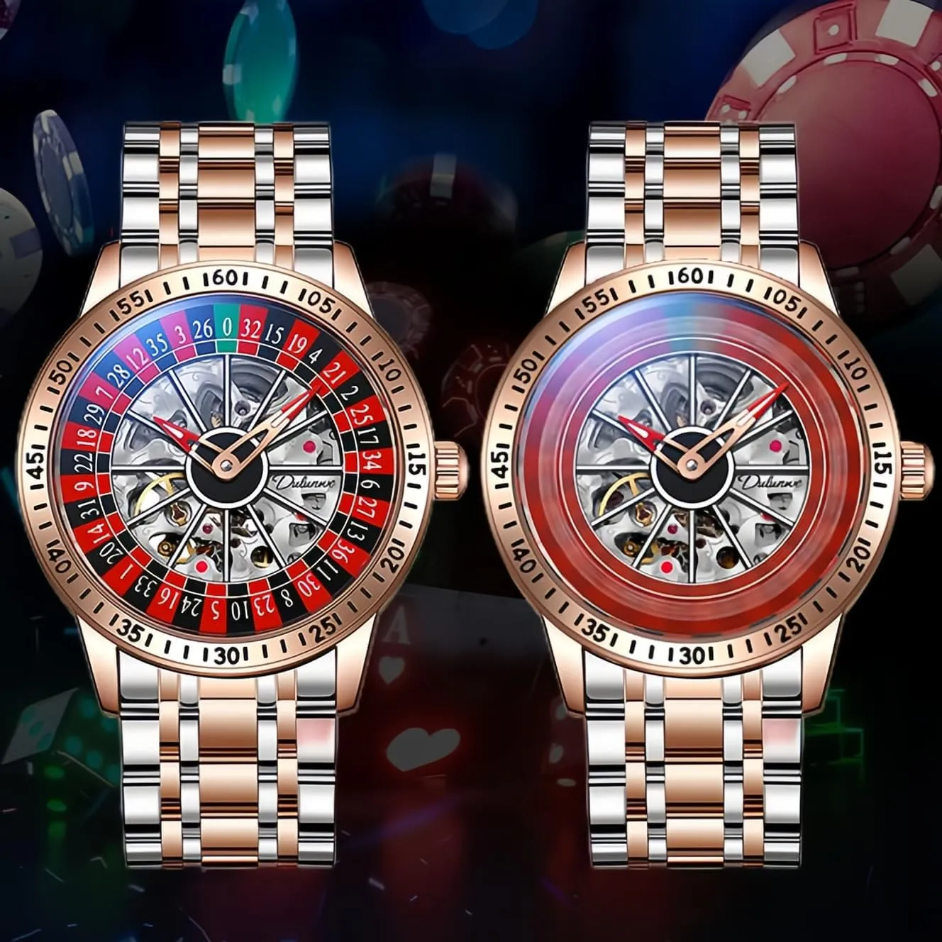 Luminous Watch Stainless Steel Band Self hypothalamus interfere purification comprise Winding Roulette Wheel Business Casual Wristwatch CARLIEN Mens Gambling Automatic Mechanical Skeleton Hollow Waterproof 