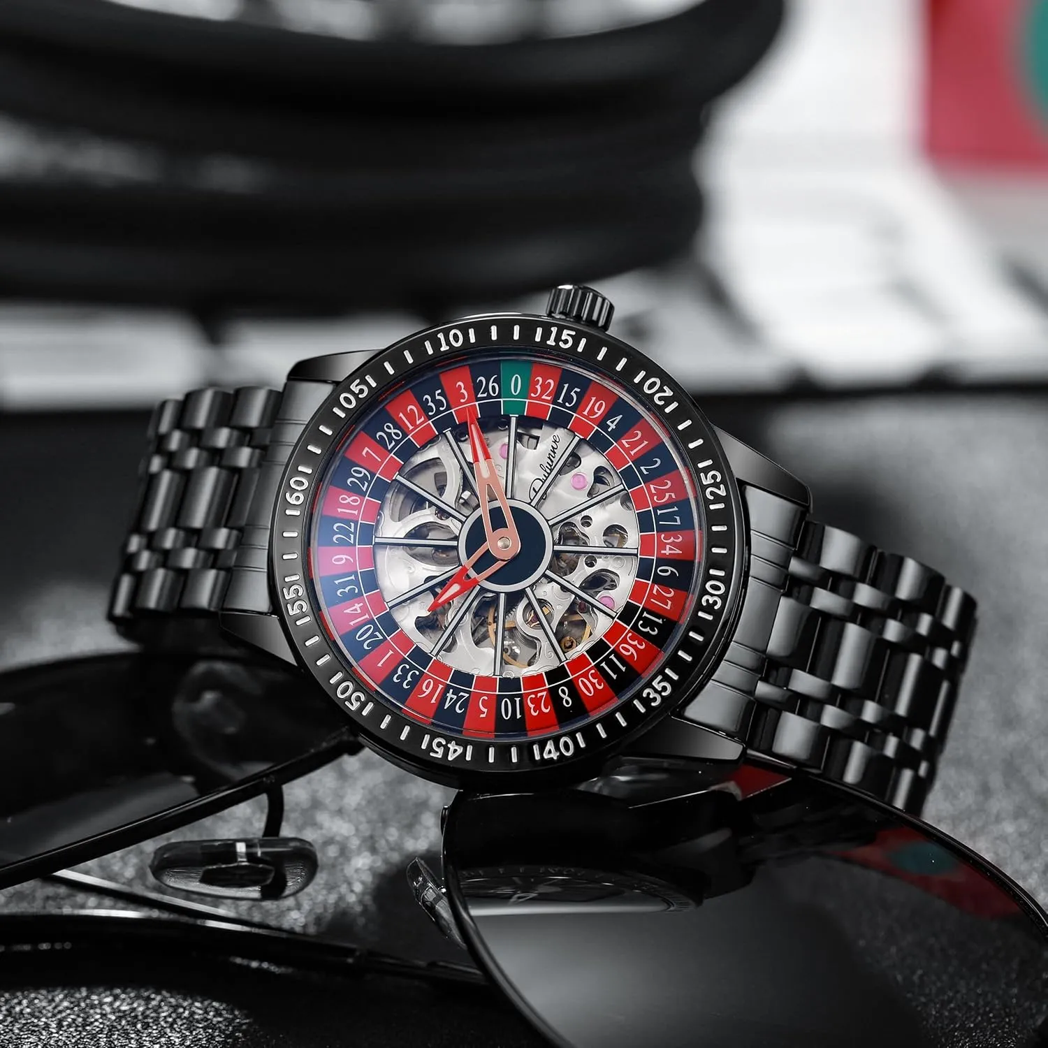 Luminous Watch Stainless Steel Band Self hypothalamus interfere purification comprise Winding Roulette Wheel Business Casual Wristwatch CARLIEN Mens Gambling Automatic Mechanical Skeleton Hollow Waterproof 