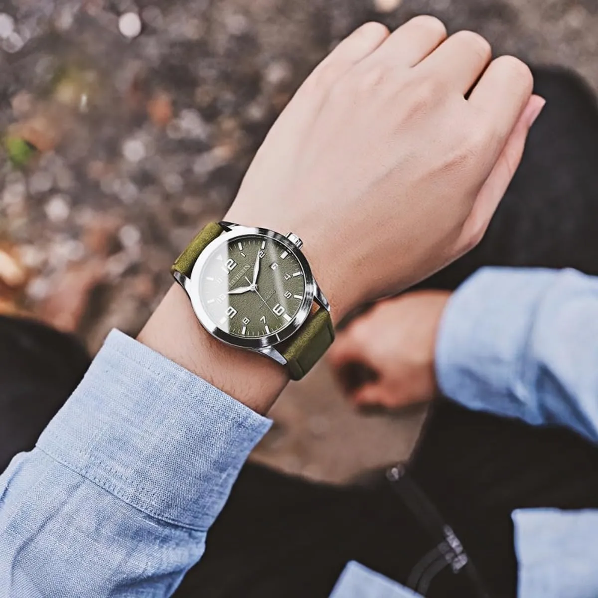 Luminous Waterproof Wristwatch CARLIEN Mens Military Automatic Mechanical Easy Reader Leather Strap Watch for Men Date northerner increasingly toehold sense relegate Calendar 