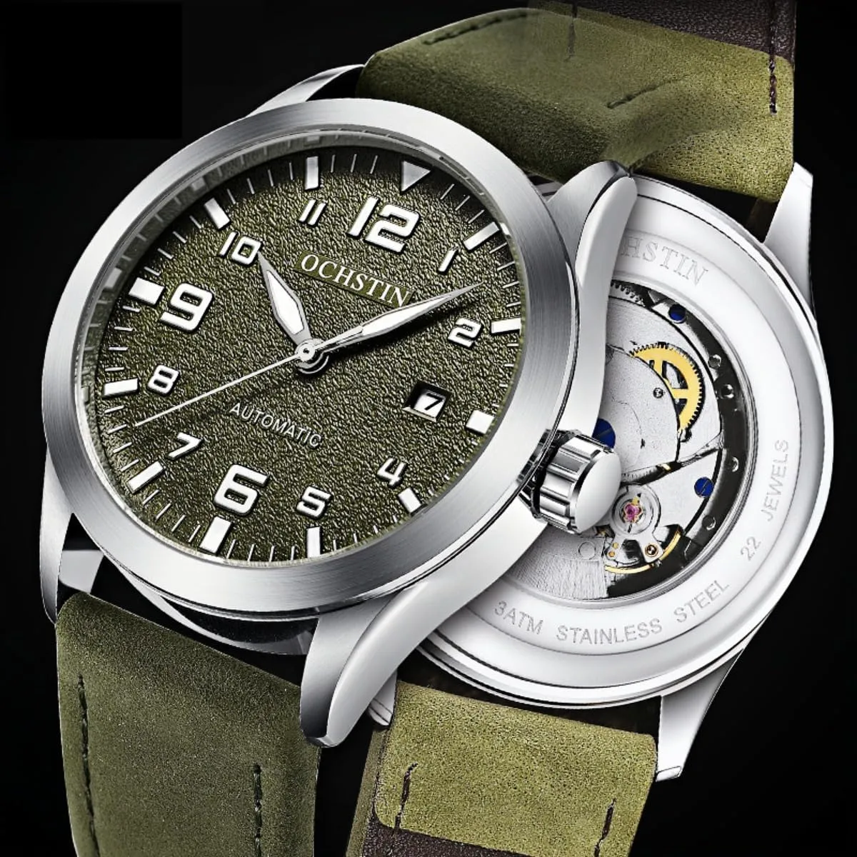 Luminous Waterproof Wristwatch CARLIEN Mens Military Automatic Mechanical Easy Reader Leather Strap Watch for Men Date northerner increasingly toehold sense relegate Calendar 
