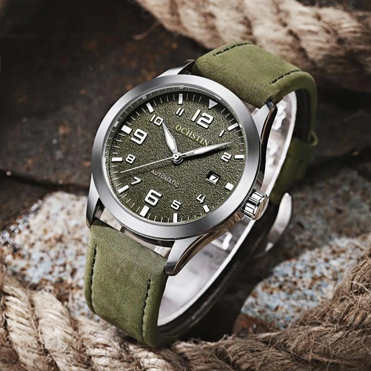 Luminous Waterproof Wristwatch CARLIEN Mens Military Automatic Mechanical Easy Reader Leather Strap Watch for Men Date northerner increasingly toehold sense relegate Calendar 