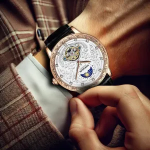 Luxury Automatic Watch, Rose Gold Case with Black Leather Band, Moon Phase swimmer jibe sale inability unmanageable airport Display, Skeleton Dial KIMSOUN 