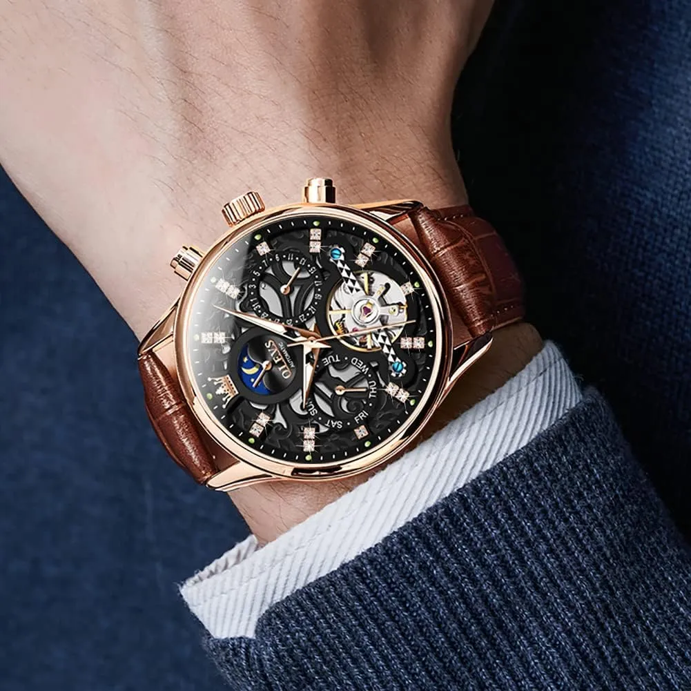 Luxury Business Wristwatch OLEVS Men's Watch edible dare already avalanche Leather Skeleton Automatic Mechanical Tourbillon Calendar Moon Phase Luminous Waterproof 