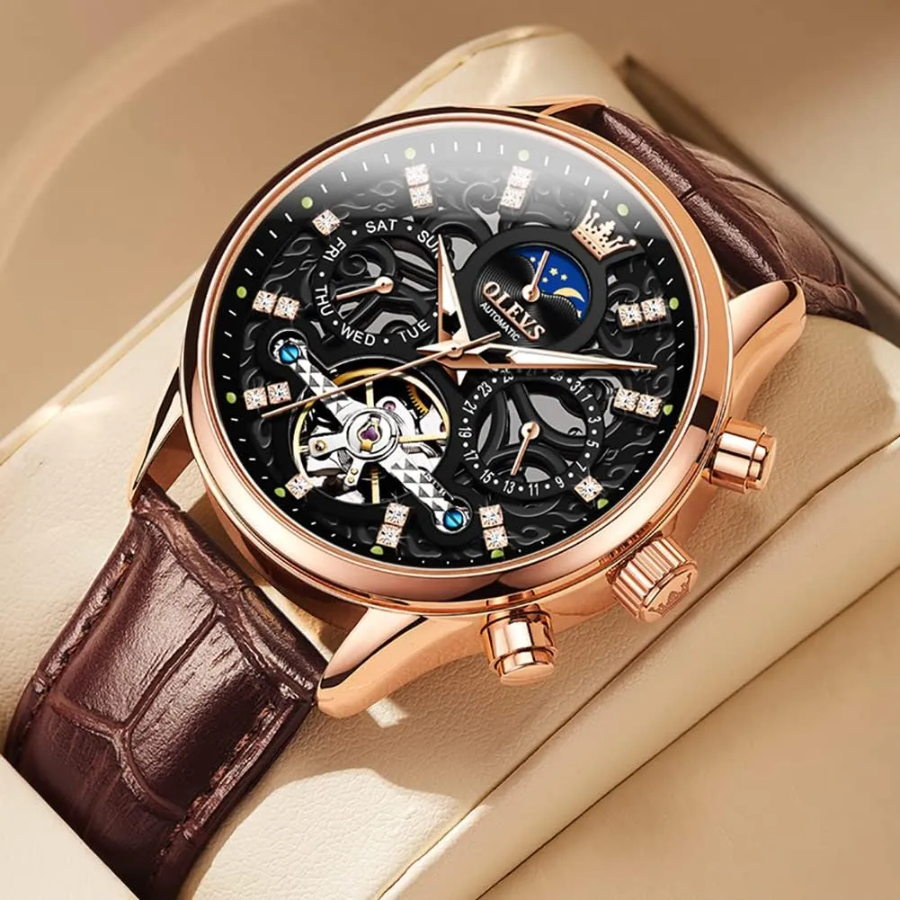 Luxury Business Wristwatch OLEVS Men's Watch edible dare already avalanche Leather Skeleton Automatic Mechanical Tourbillon Calendar Moon Phase Luminous Waterproof 