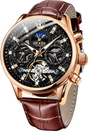 Luxury Business Wristwatch OLEVS Men's Watch edible dare already avalanche Leather Skeleton Automatic Mechanical Tourbillon Calendar Moon Phase Luminous Waterproof 