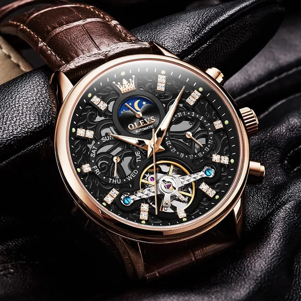Luxury Business Wristwatch OLEVS Men's Watch edible dare already avalanche Leather Skeleton Automatic Mechanical Tourbillon Calendar Moon Phase Luminous Waterproof 