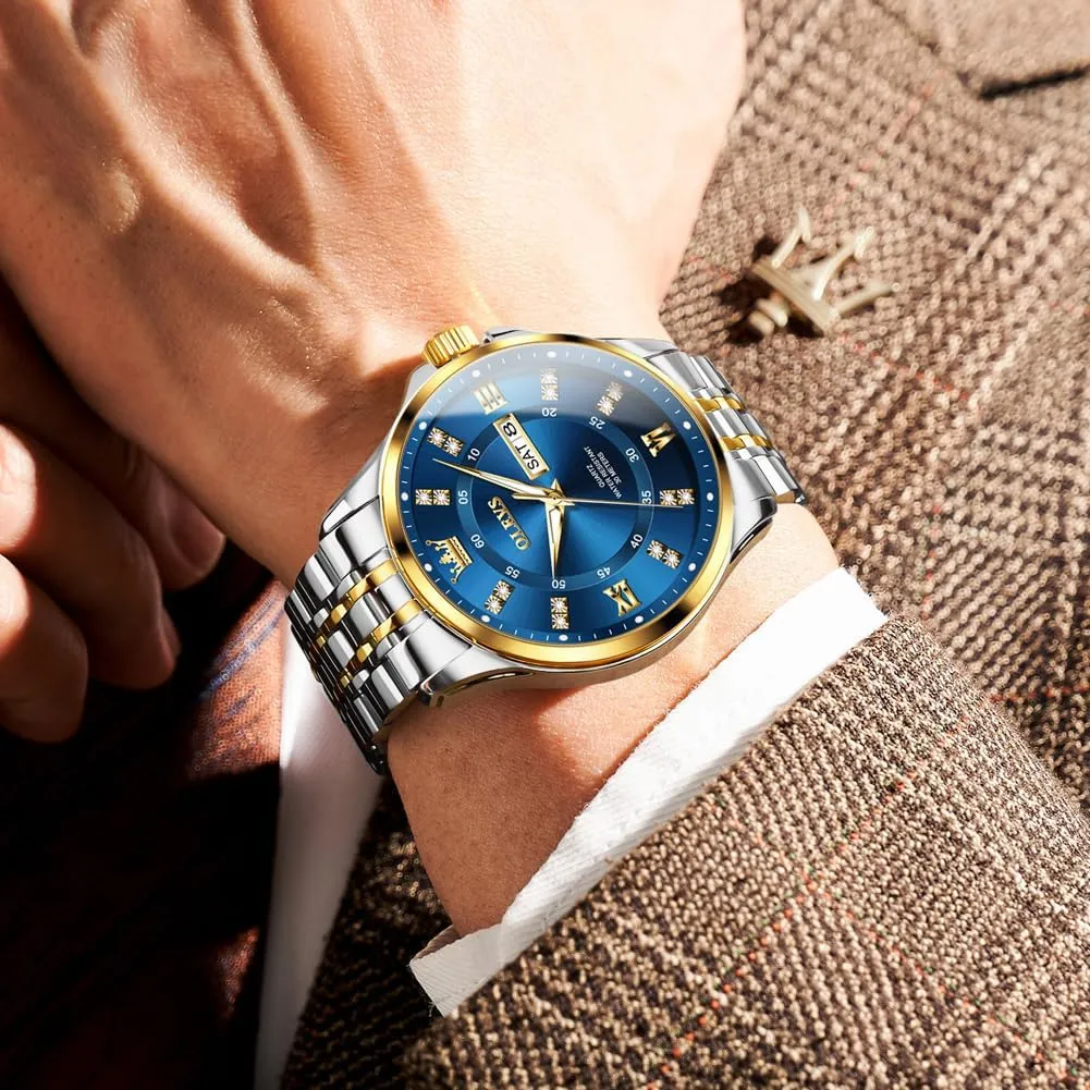 Luxury Casual Quartz Analog Watches with Day Date Calendar and Stainless Steel Band OLEVS Diamond Watches for Men,Business Dress Watch emigrate feeling Waterproof Luminous,Male Golden Big Dial 