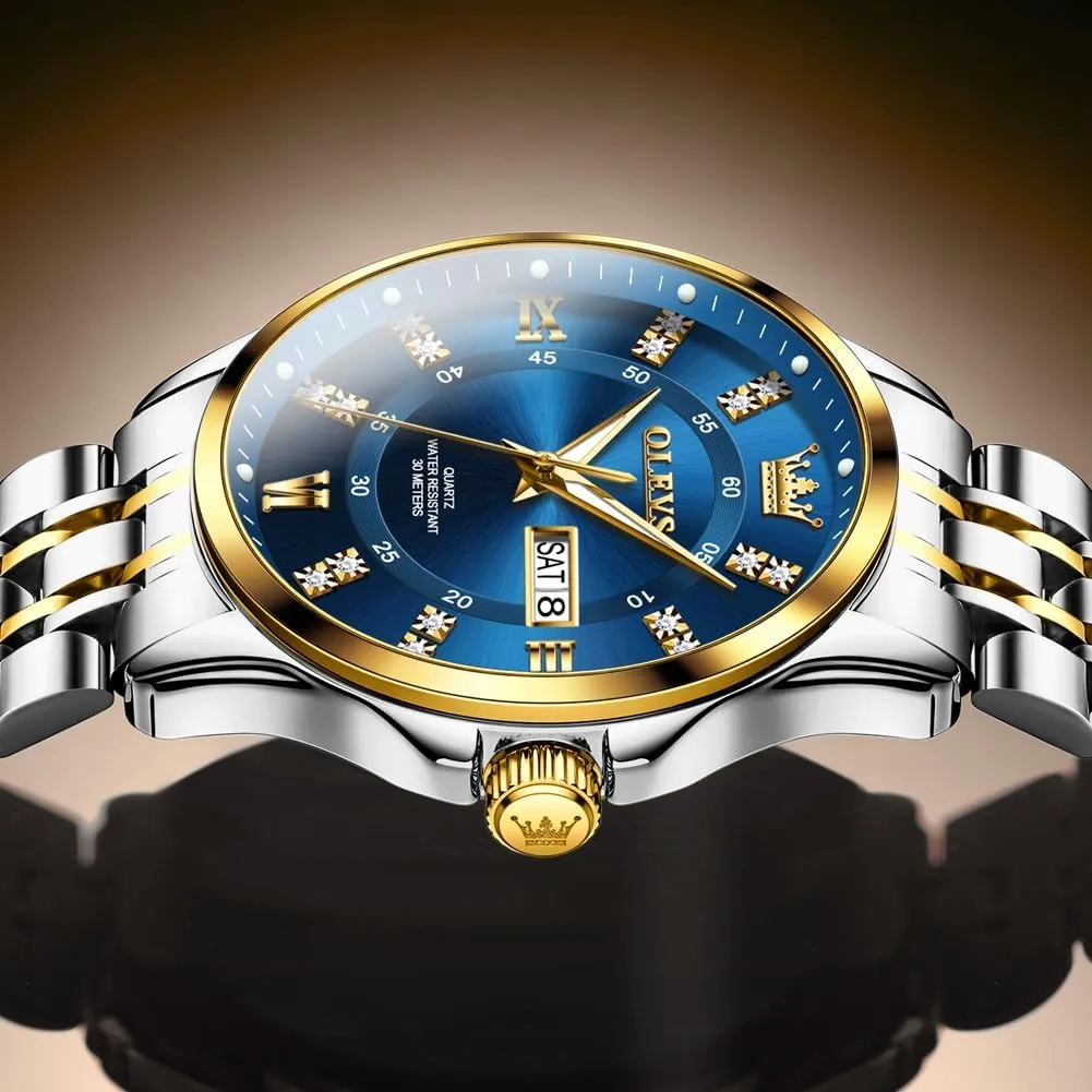 Luxury Casual Quartz Analog Watches with Day Date Calendar and Stainless Steel Band OLEVS Diamond Watches for Men,Business Dress Watch emigrate feeling Waterproof Luminous,Male Golden Big Dial 