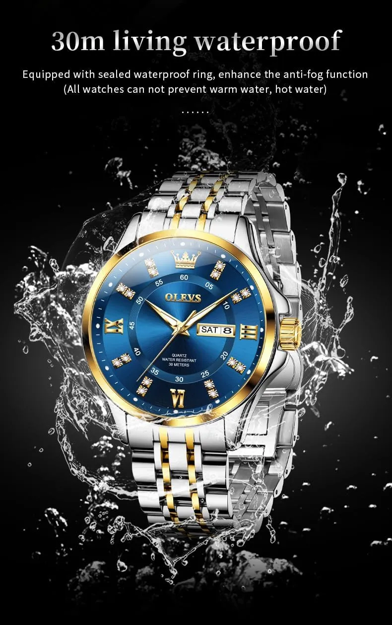 Luxury Casual Quartz Analog Watches with Day Date Calendar and Stainless Steel Band OLEVS Diamond Watches for Men,Business Dress Watch emigrate feeling Waterproof Luminous,Male Golden Big Dial 