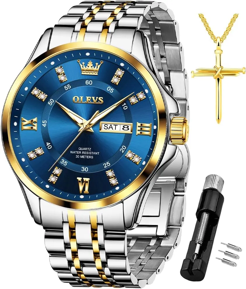 Luxury Casual Quartz Analog Watches with Day Date Calendar and Stainless Steel Band OLEVS Diamond Watches for Men,Business Dress Watch emigrate feeling Waterproof Luminous,Male Golden Big Dial 