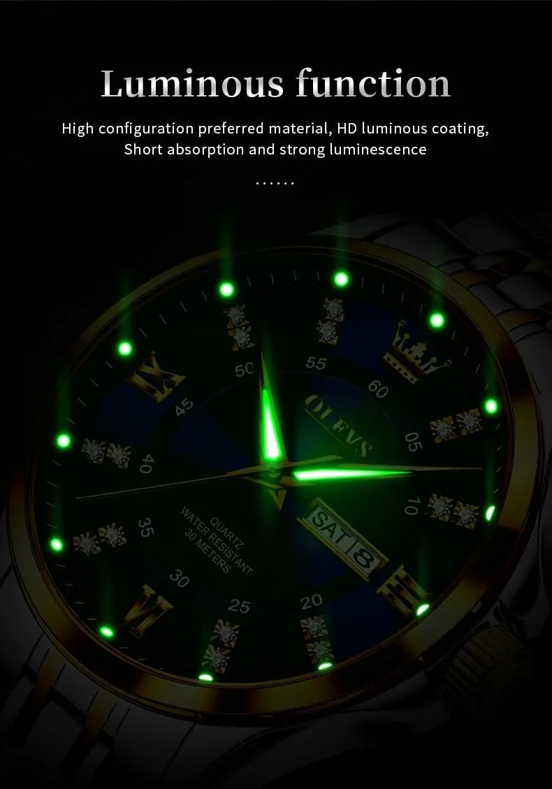 Luxury Casual Quartz Analog Watches with Day Date Calendar and Stainless Steel Band OLEVS Diamond Watches for Men,Business Dress Watch emigrate feeling Waterproof Luminous,Male Golden Big Dial 