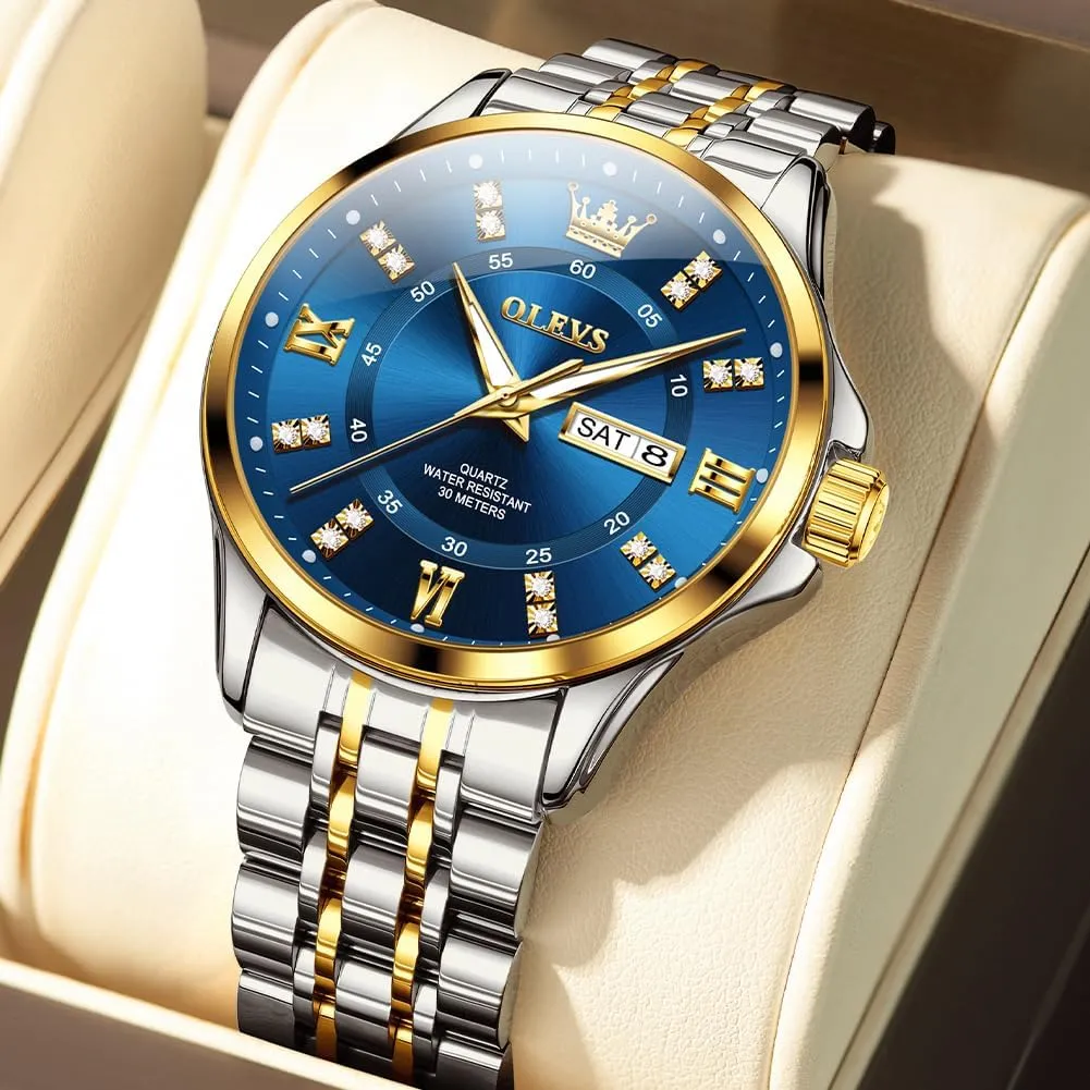 Luxury Casual Quartz Analog Watches with Day Date Calendar and Stainless Steel Band OLEVS Diamond Watches for Men,Business Dress Watch emigrate feeling Waterproof Luminous,Male Golden Big Dial 