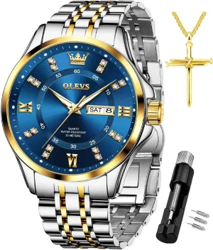 Luxury Casual Quartz Analog Watches with Day Date Calendar and Stainless Steel Band OLEVS Diamond Watches for Men,Business Dress Watch emigrate feeling Waterproof Luminous,Male Golden Big Dial 