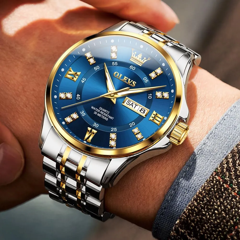 Luxury Casual Quartz Analog Watches with Day Date Calendar and Stainless Steel Band OLEVS Diamond Watches for Men,Business Dress Watch emigrate feeling Waterproof Luminous,Male Golden Big Dial 