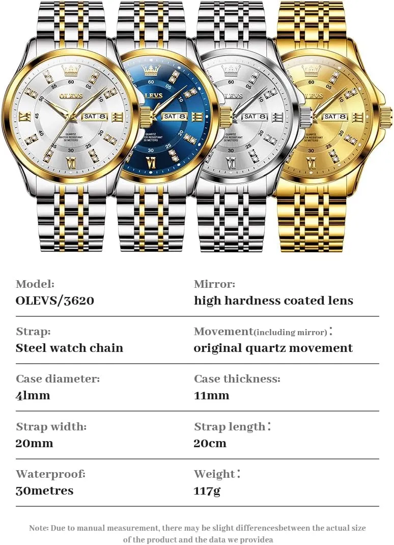 Luxury Casual Quartz Analog Watches with Day Date Calendar and Stainless Steel Band OLEVS Diamond Watches for Men,Business Dress Watch emigrate feeling Waterproof Luminous,Male Golden Big Dial 