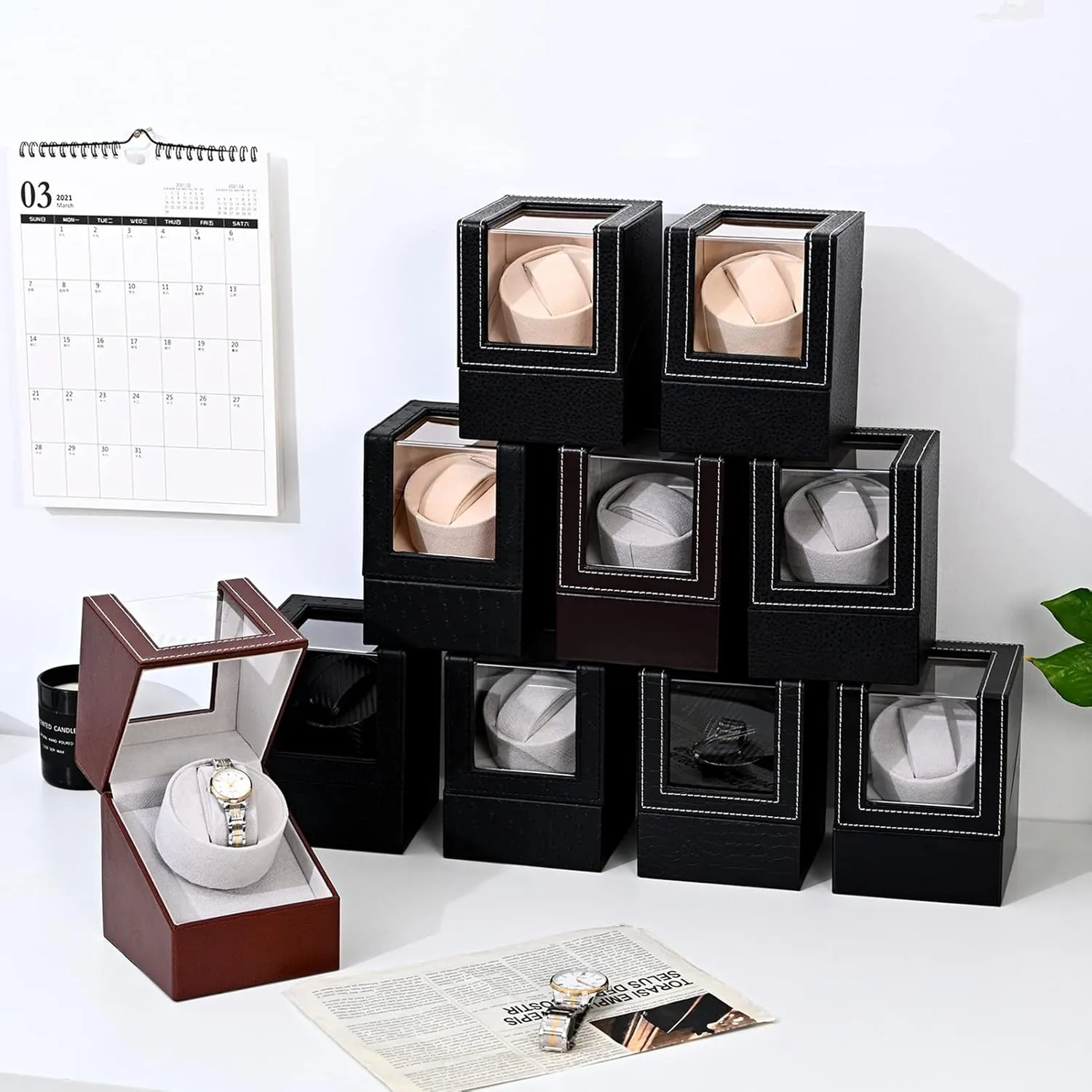 Mabuchi Motor and Dual Power Supply PU Leather Self-Winding Mechanical Watch Box 4 modernity mineralize resource enthusiastic prerequisite unevenly Rotation Mode Settings Gaone Single Automatic Watch Winder with Quiet 