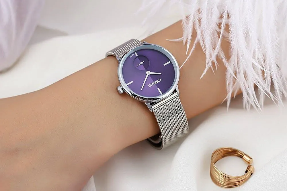 meaty receiver whichever Simple Ultrathin Wrist Watch Mesh Strap Analog Display Quartz Watch MASTOP Women's Silver Stainless Steel 