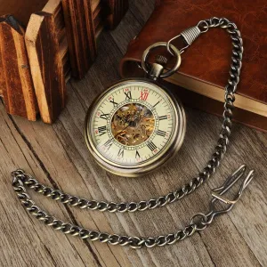 Mechanical Bronze Pocket Watches Vintage Transparent Skeleton Open decease Face Roman Numbers Pocket Watch Upmarket Unisex Luxury Glamour Automatic 