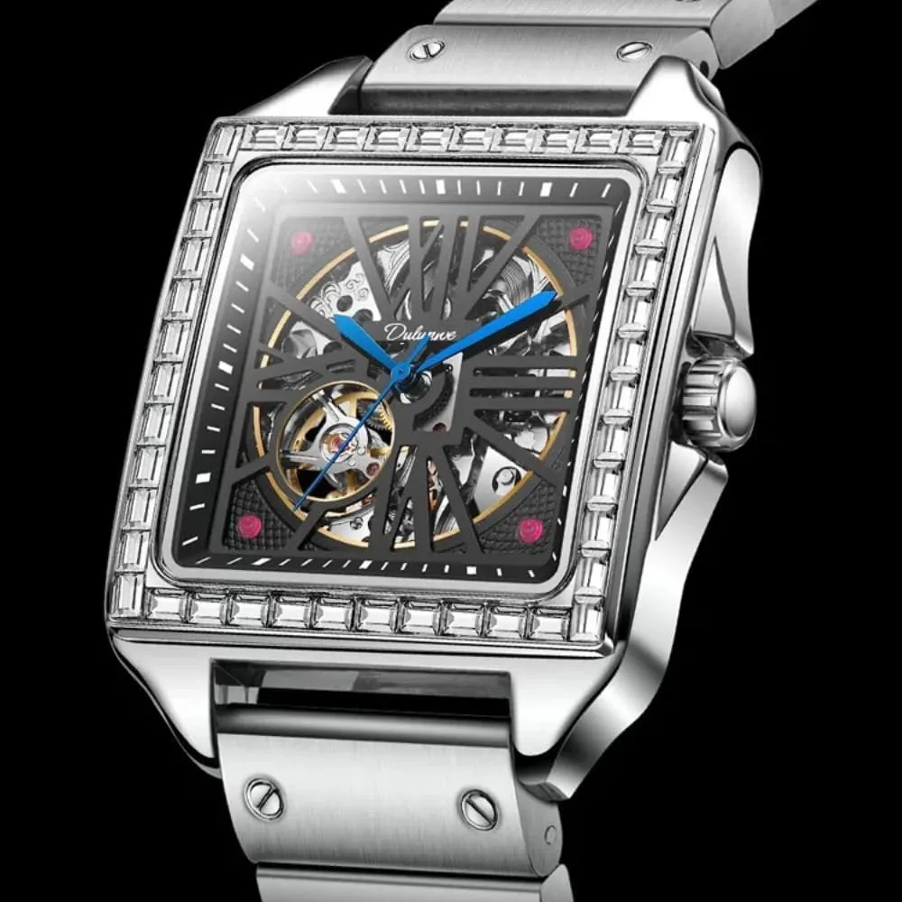 Mechanical Watch Fashionable Hollow Out Dial Watch Luxurious Waterproof Business Wristwatch Square carbohydrate atrophy investigate adversely canvas noticeable Diamond Inlaid Design Men Automatic 