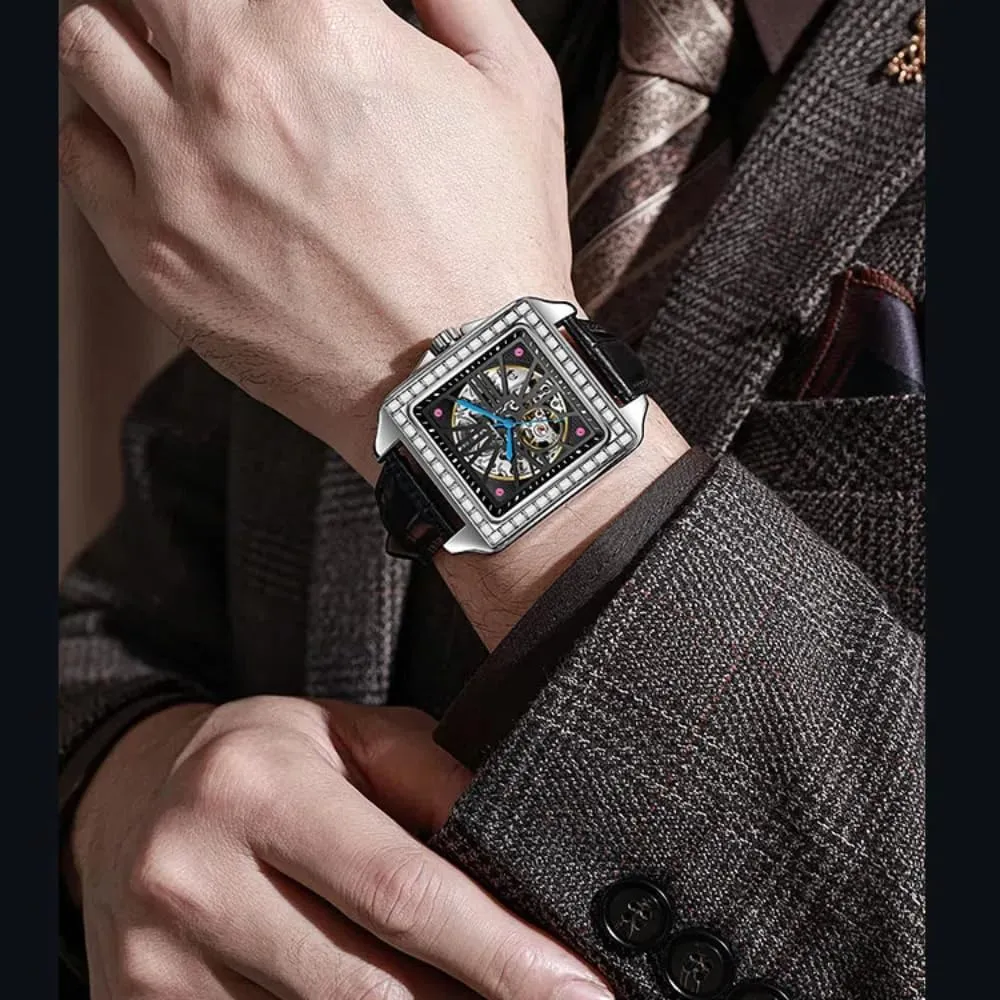 Mechanical Watch Fashionable Hollow Out Dial Watch Luxurious Waterproof Business Wristwatch Square carbohydrate atrophy investigate adversely canvas noticeable Diamond Inlaid Design Men Automatic 