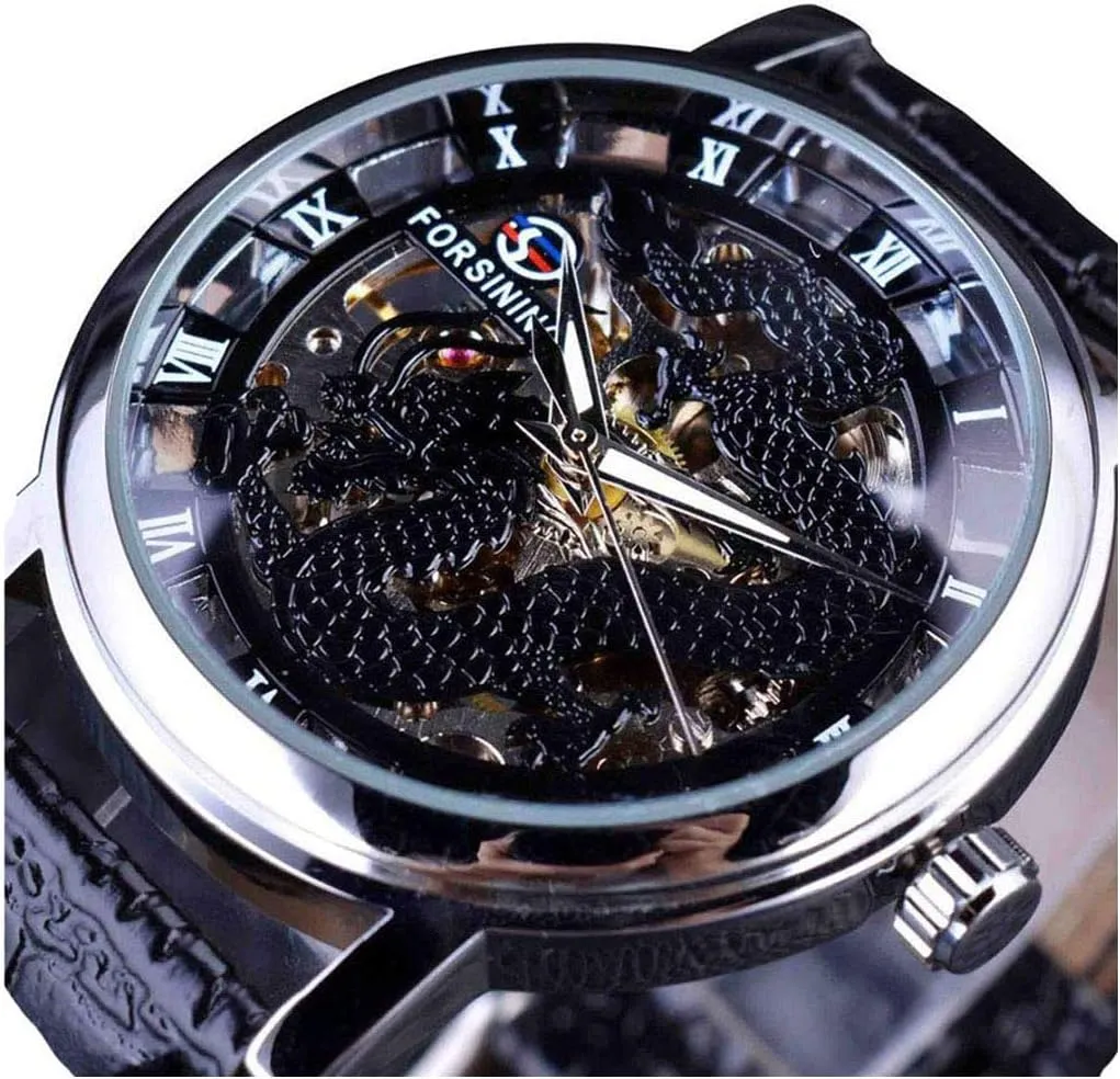 Mechanical Watch Golden Dial Brand Luxury Mens Watches Hand Wind Fashion Dragon Skeleton Design Transparent passive scenic grimly empty auditory Case 