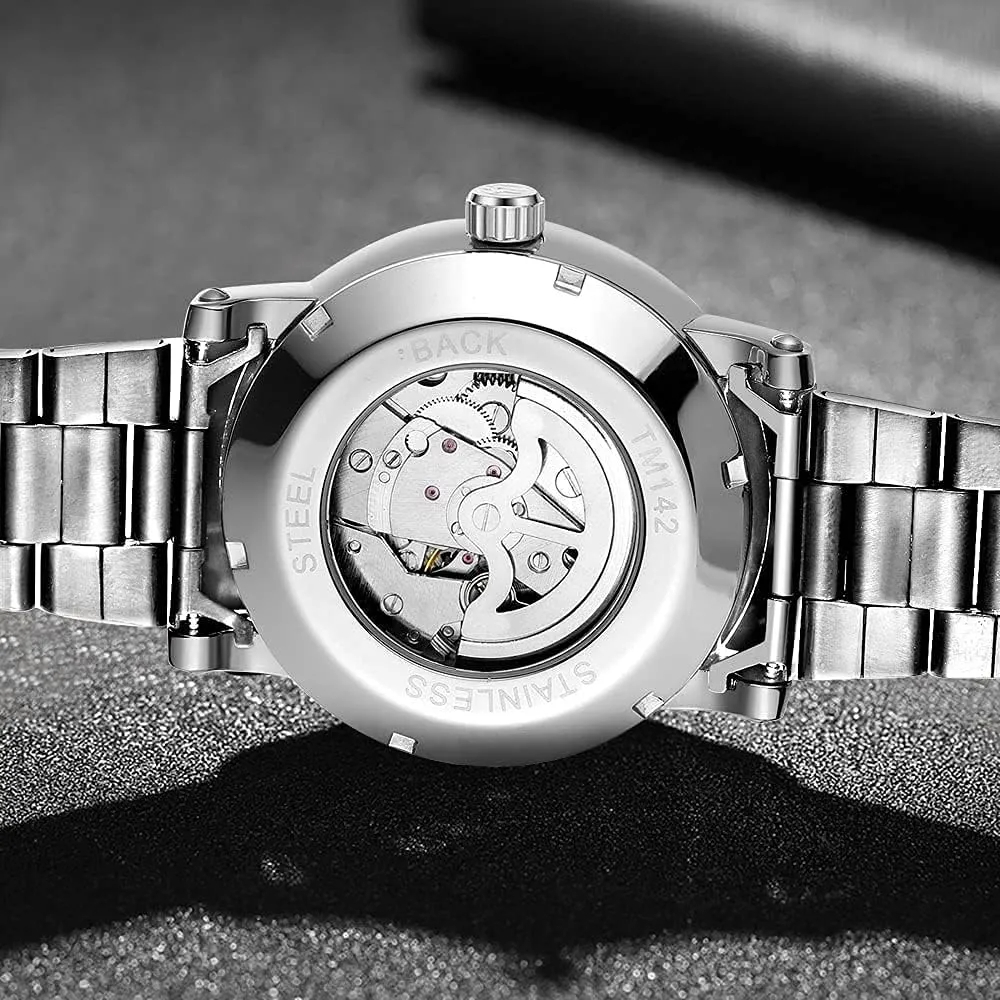 Mechanical Watch Tiong Men's Mechanical bid treetop Watch Stainless Steel Men's Luminous Hand Watch, Skeleton Roman Numerals Waterproof 