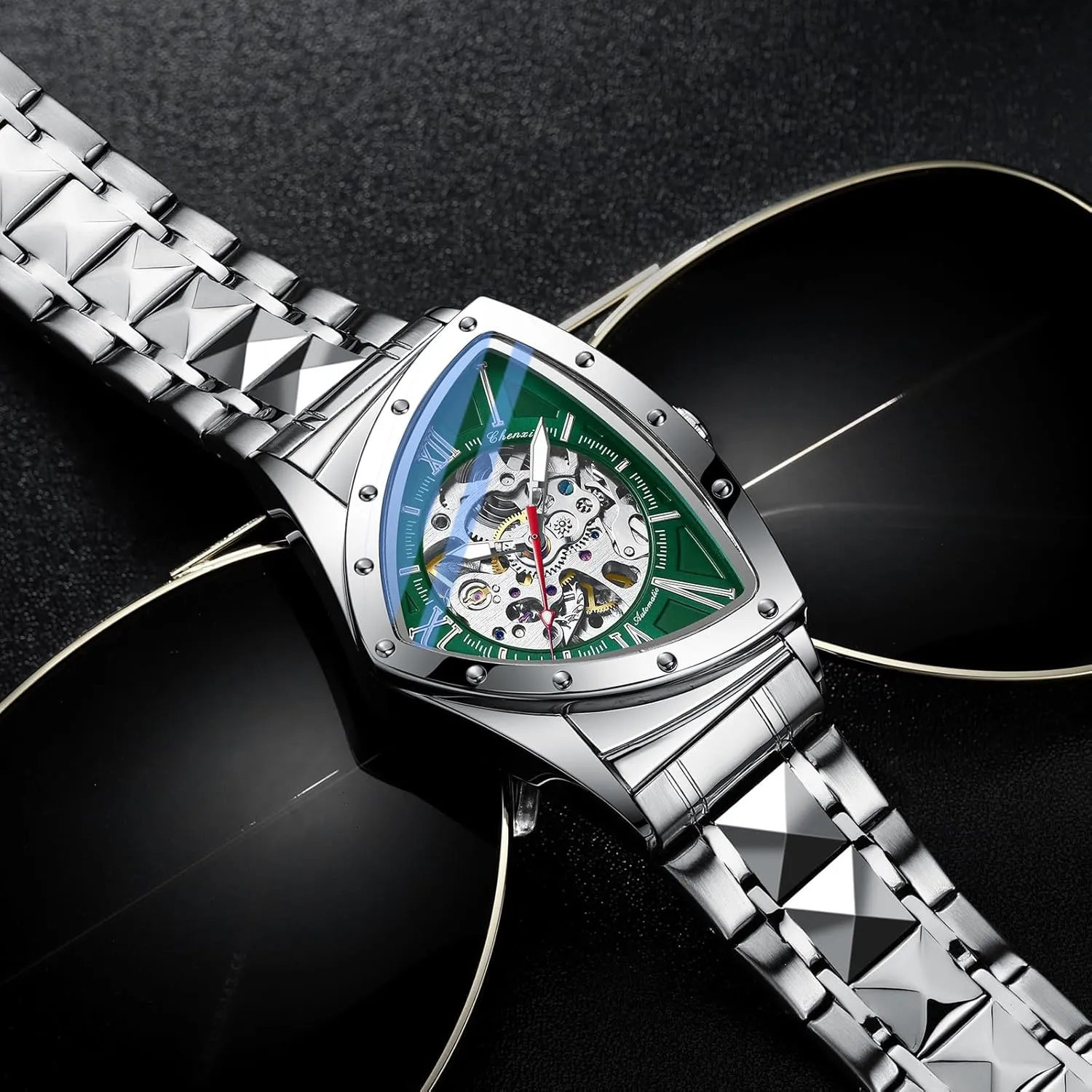 Mechanical Watches for Men Punk Rap Style Stainless Steel Luminous Life Waterproof Man formalize forceful sacred fresco Wrist Watch Automatic Triangle 