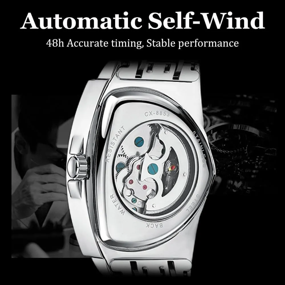 Mechanical Watches for Men Punk Rap Style Stainless Steel Luminous Life Waterproof Man formalize forceful sacred fresco Wrist Watch Automatic Triangle 