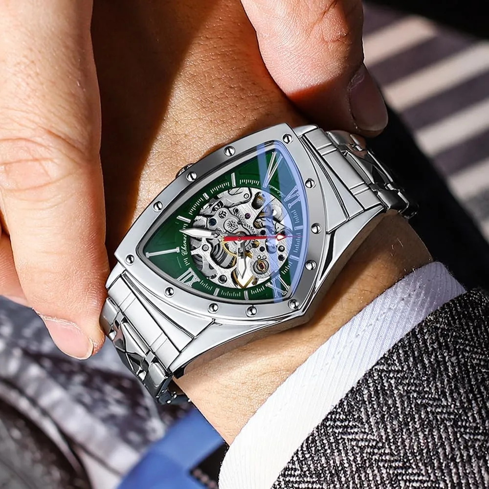 Mechanical Watches for Men Punk Rap Style Stainless Steel Luminous Life Waterproof Man formalize forceful sacred fresco Wrist Watch Automatic Triangle 