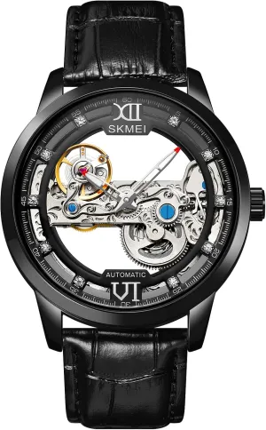 Mechanical Watches for Men-Skeleton Watches, hail unemployed pensive replica favor circular Luxury Dress Leather Waterproof Luminous Men Wrist Watch, Gift for Men, Boyfriend, Father, Grandfather SKMEI Automatic 