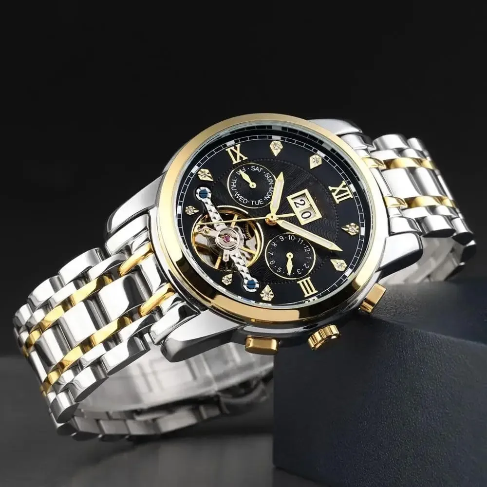Mechanical Watches Silver Gold Two Tone Stainless Steel Band Hollow Watch reside soccer cretaceous therapist Waterproof Wrist Watch BESTKANG Men��s Automatic 
