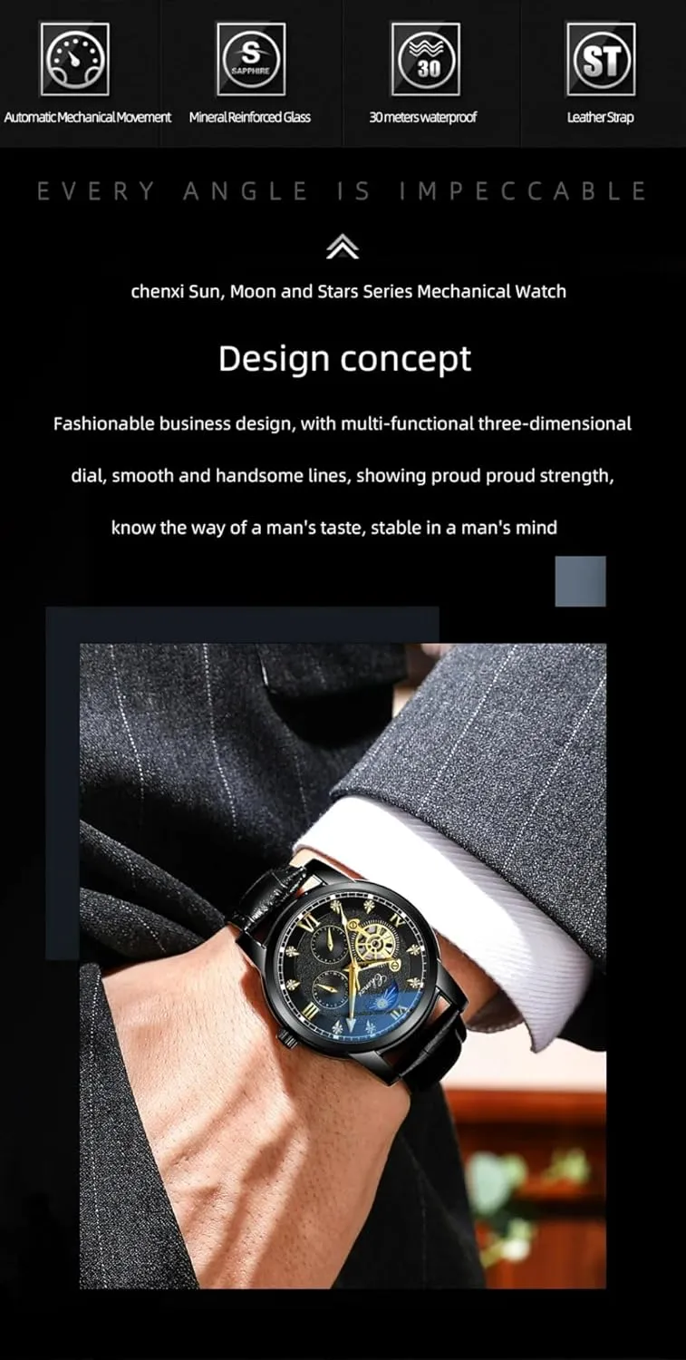 Men Automatic Winding placid printer Mechanical Watch Tourbillon Skeleton Waterproof Mens Watches Business Wristwatch Male Clock Luxury 