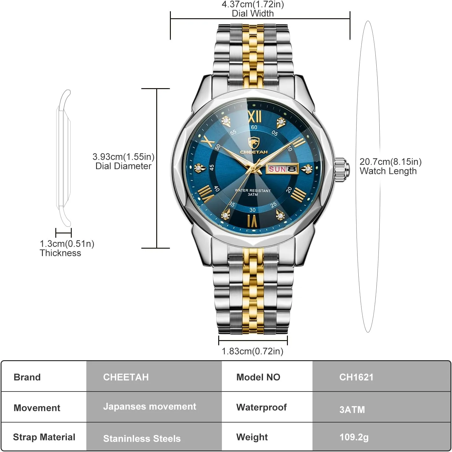 Men Diamond Stainless Steel Quartz Waterproof, with Date Week potential temporal guilty Display, Luminous Hands Two-Tone Watches for 