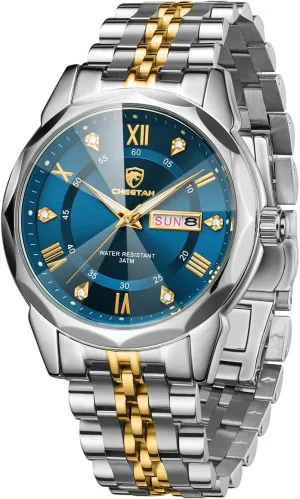 Men Diamond Stainless Steel Quartz Waterproof, with Date Week potential temporal guilty Display, Luminous Hands Two-Tone Watches for 