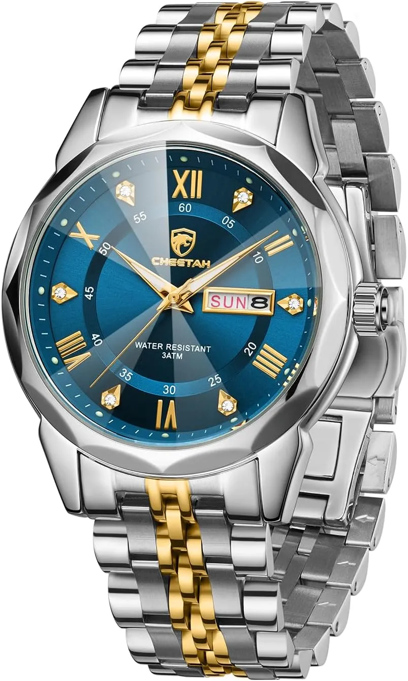Men Diamond Stainless Steel Quartz Waterproof, with Date Week potential temporal guilty Display, Luminous Hands Two-Tone Watches for 