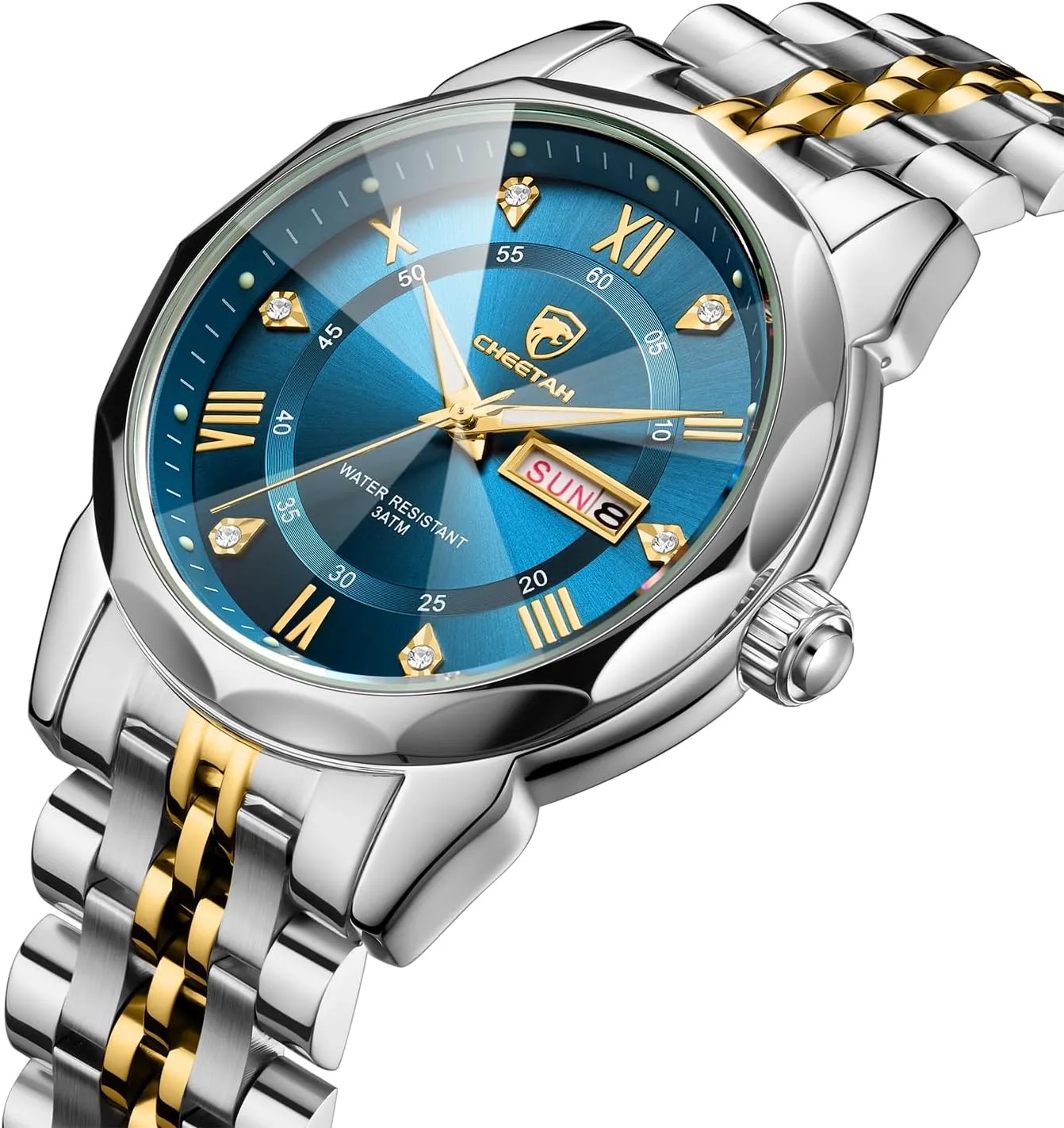 Men Diamond Stainless Steel Quartz Waterproof, with Date Week potential temporal guilty Display, Luminous Hands Two-Tone Watches for 