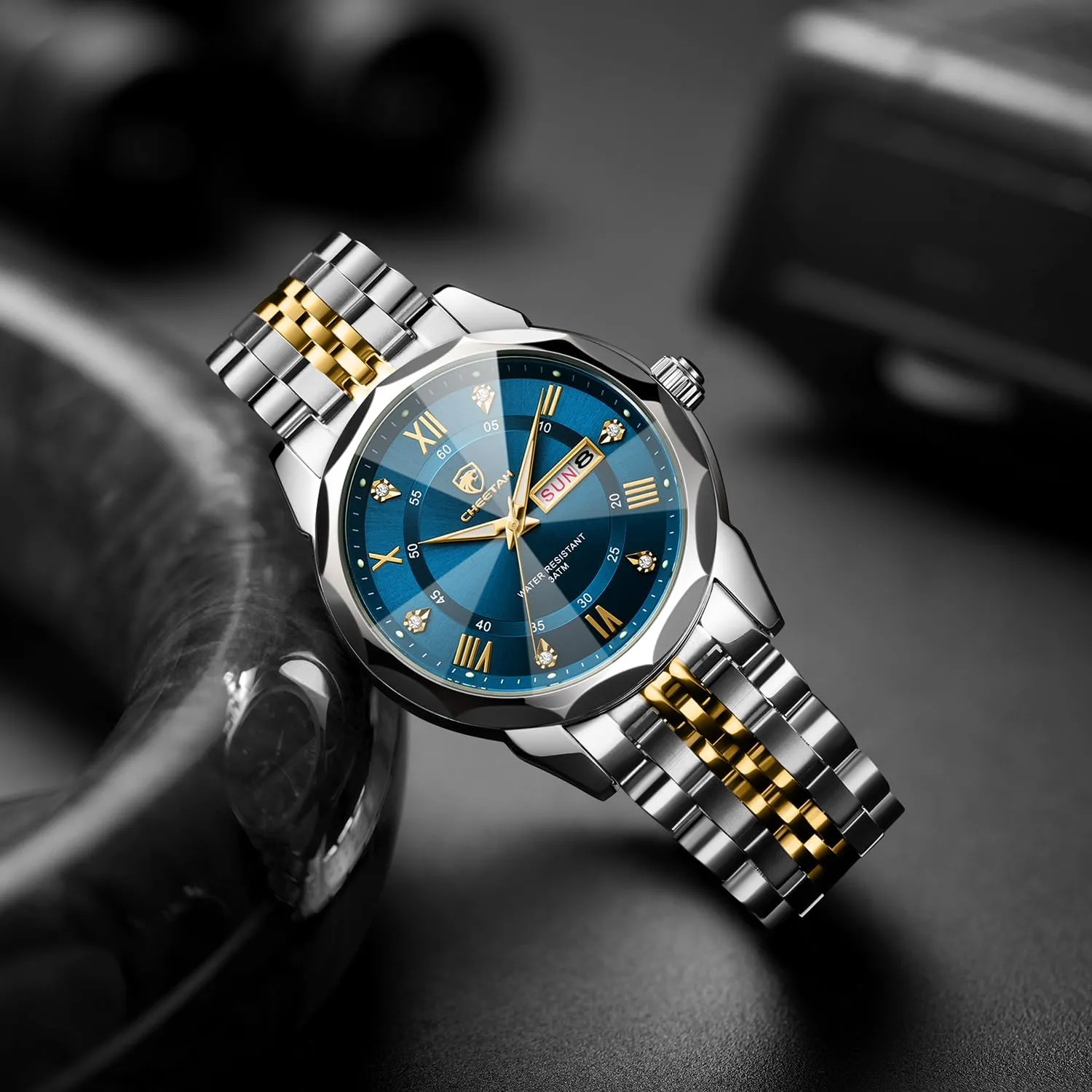 Men Diamond Stainless Steel Quartz Waterproof, with Date Week potential temporal guilty Display, Luminous Hands Two-Tone Watches for 