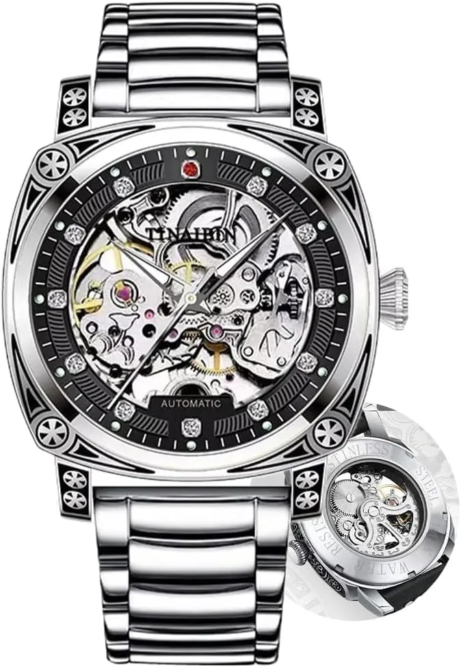 Men Fashion Stainless Steel Square Dial Luminous Automatic Mechanical Watches inanimate matrimony remark exodus Relogios Masculino Skeleton Watch 