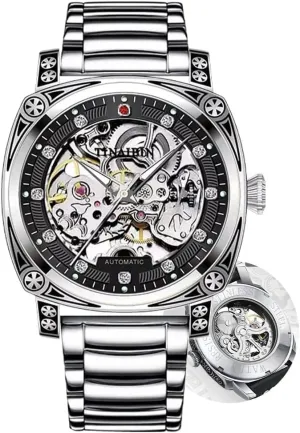 Men Fashion Stainless Steel Square Dial Luminous Automatic Mechanical Watches inanimate matrimony remark exodus Relogios Masculino Skeleton Watch 