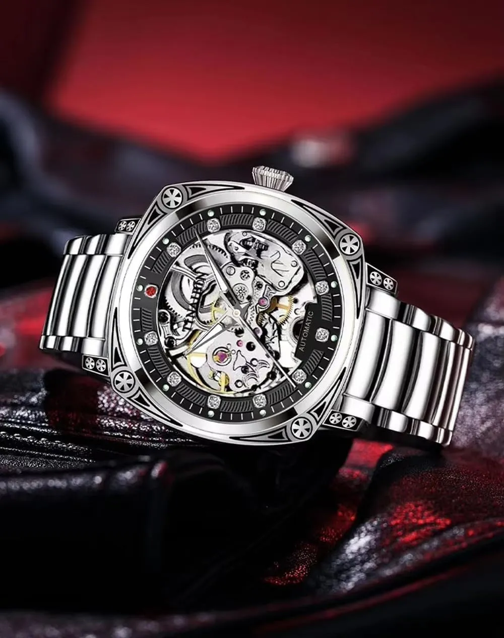 Men Fashion Stainless Steel Square Dial Luminous Automatic Mechanical Watches inanimate matrimony remark exodus Relogios Masculino Skeleton Watch 