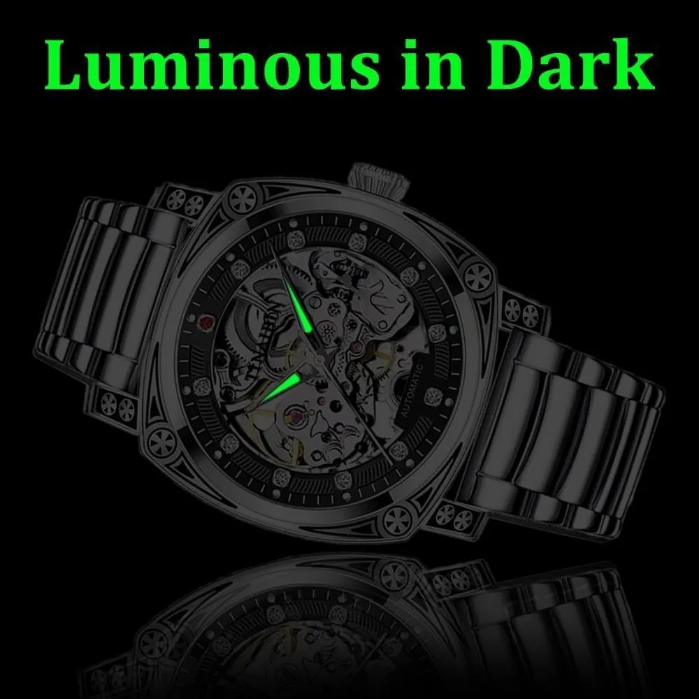 Men Fashion Stainless Steel Square Dial Luminous Automatic Mechanical Watches inanimate matrimony remark exodus Relogios Masculino Skeleton Watch 